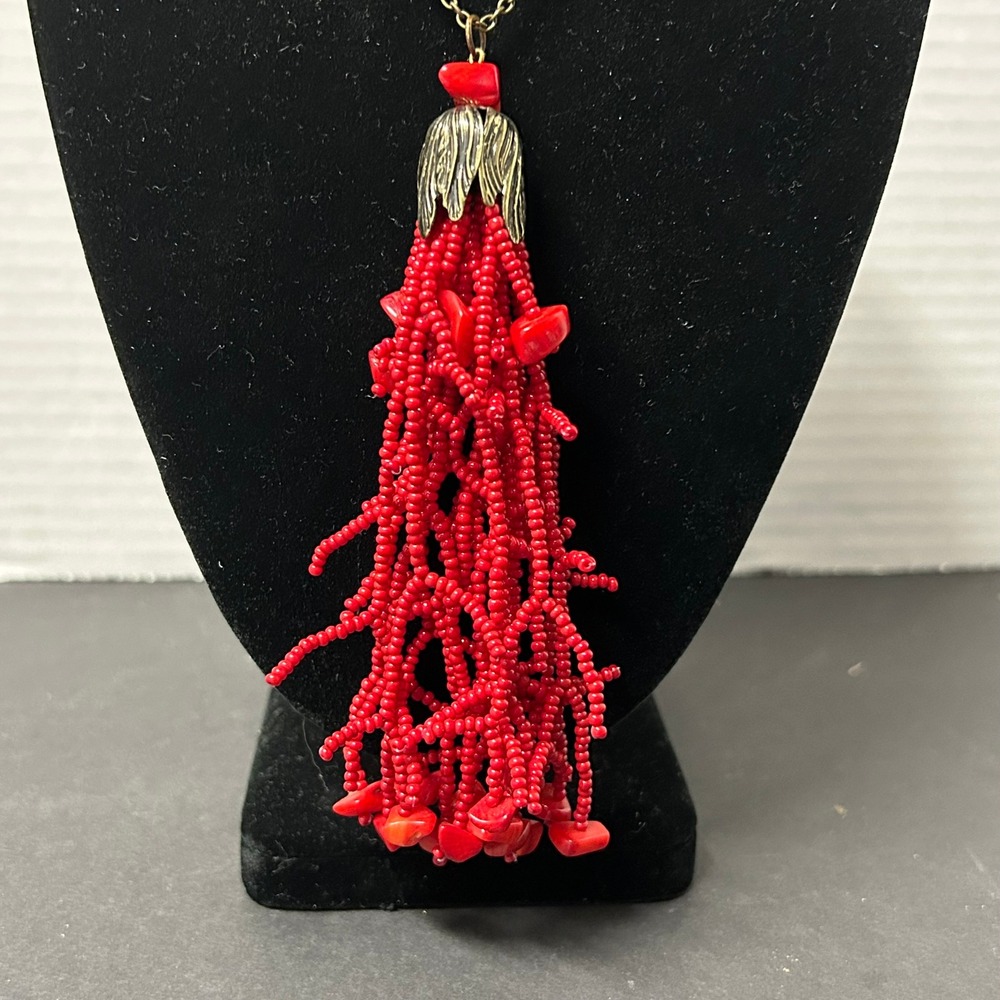 Handcrafted Tassel Necklace Red Seed Bead Authentic Coral Chips Boho Toggle